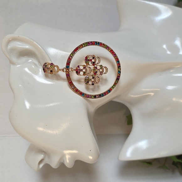 Large Statement Gold Multi Color Hoop Earrings With Skulls - Picture 3 of 8